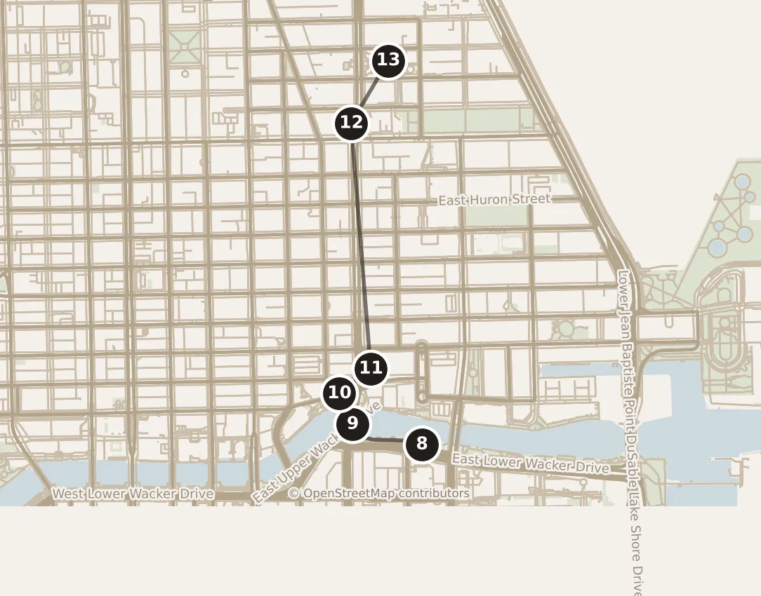 Map of Chicago, day two: stops 8–13, numbered in walking order.