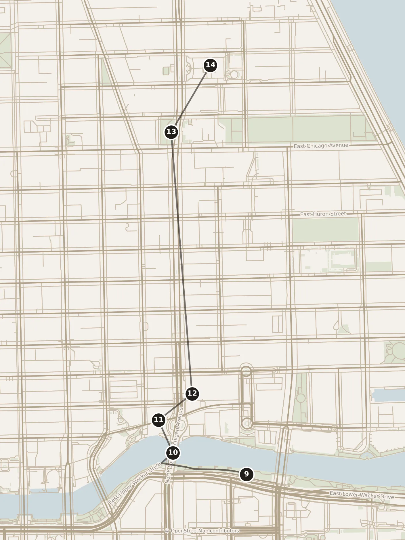 Map of Chicago, day two: stops 9–14, numbered in walking order.