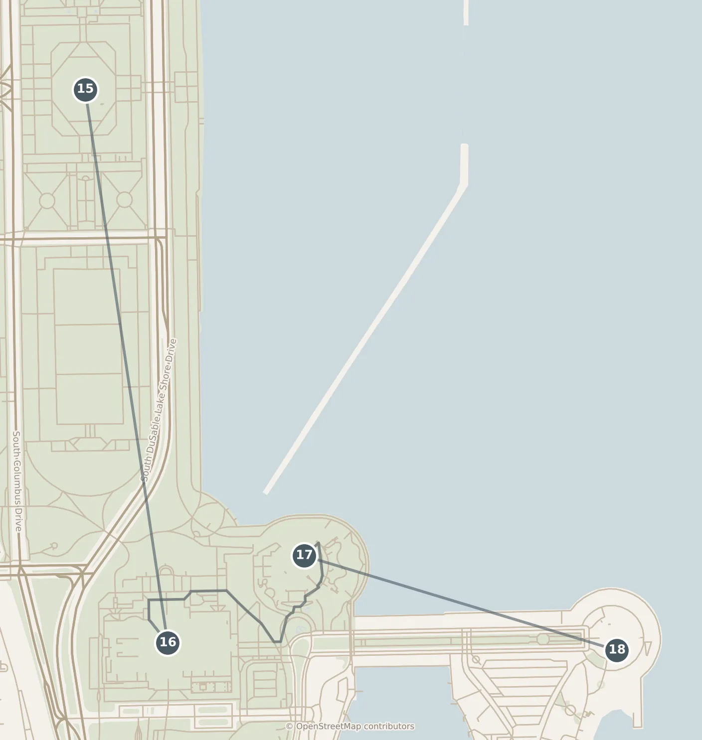Map of Chicago, with a third day: stops 15–18, numbered in walking order.