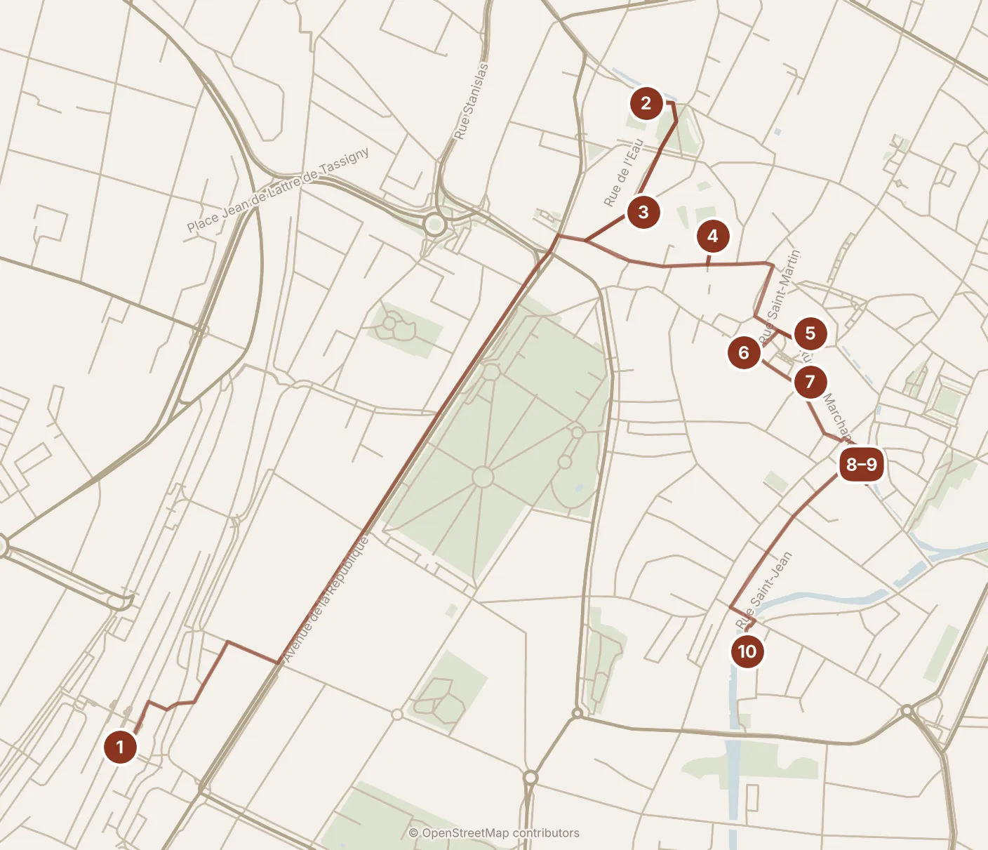 Map of Colmar, the day: stops 1–10, numbered in walking order.