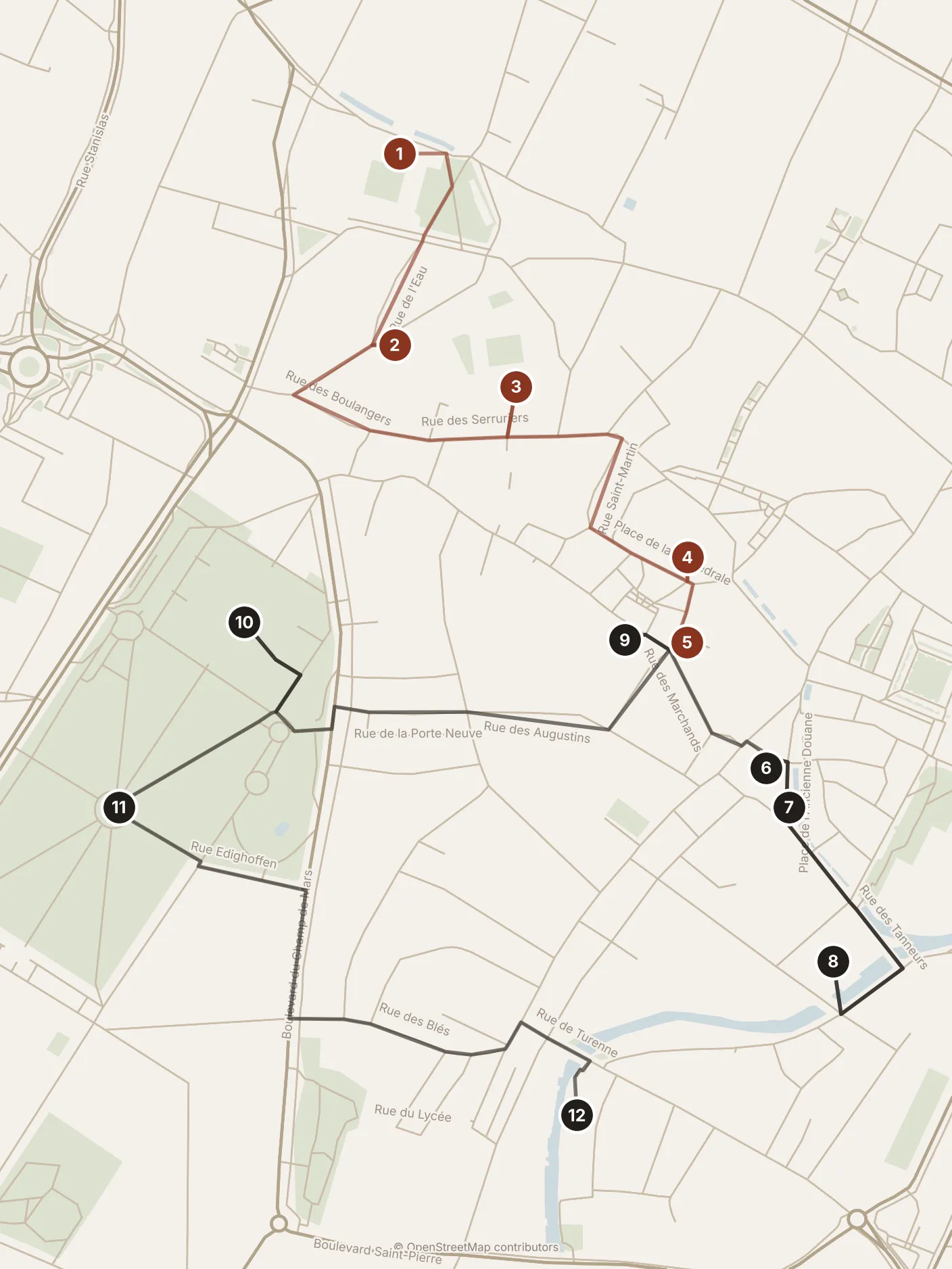 Map of Colmar, day one and day two: stops 1–12, numbered in walking order.