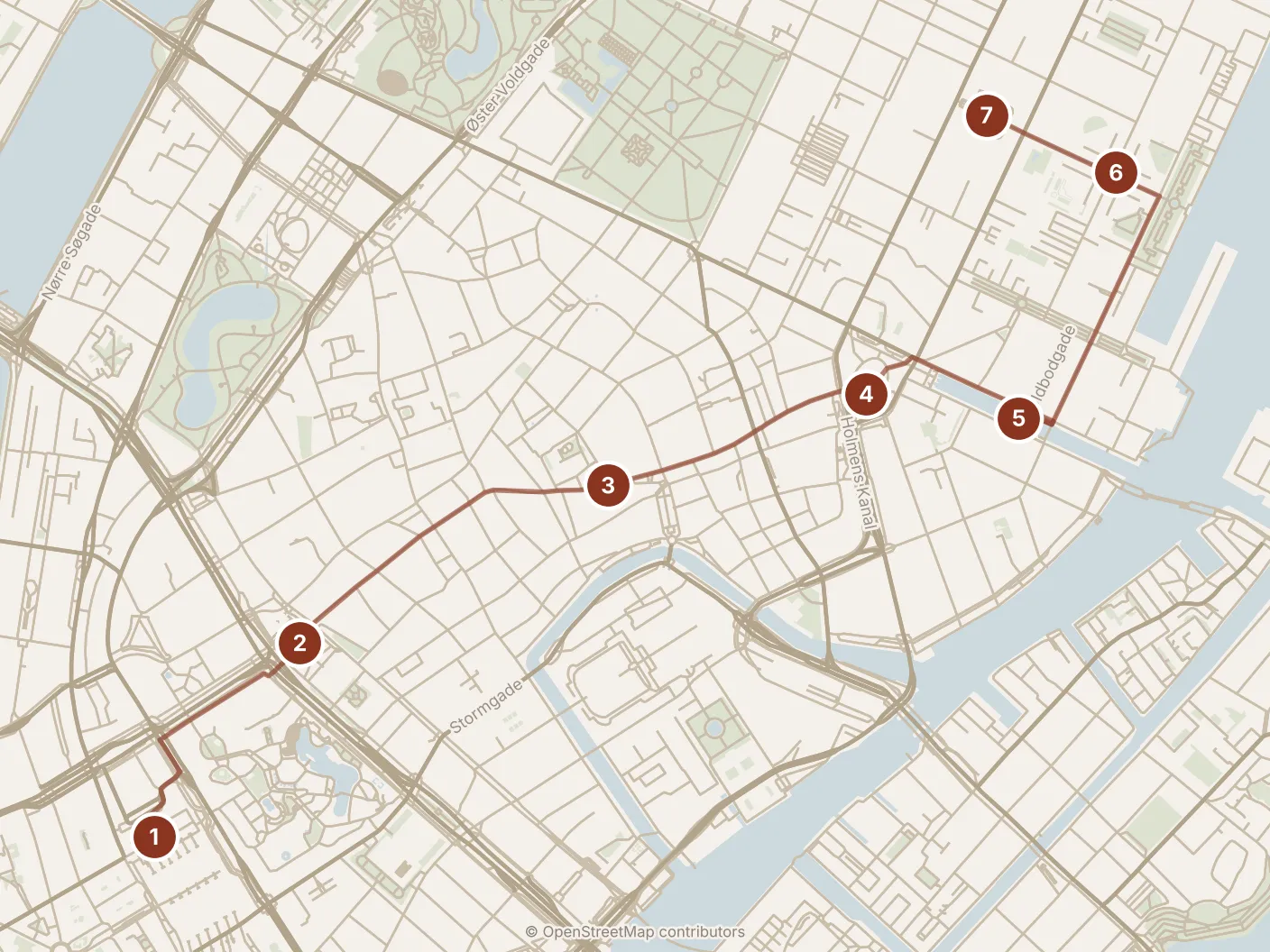 Map of Copenhagen, morning: stops 1–7, numbered in walking order.
