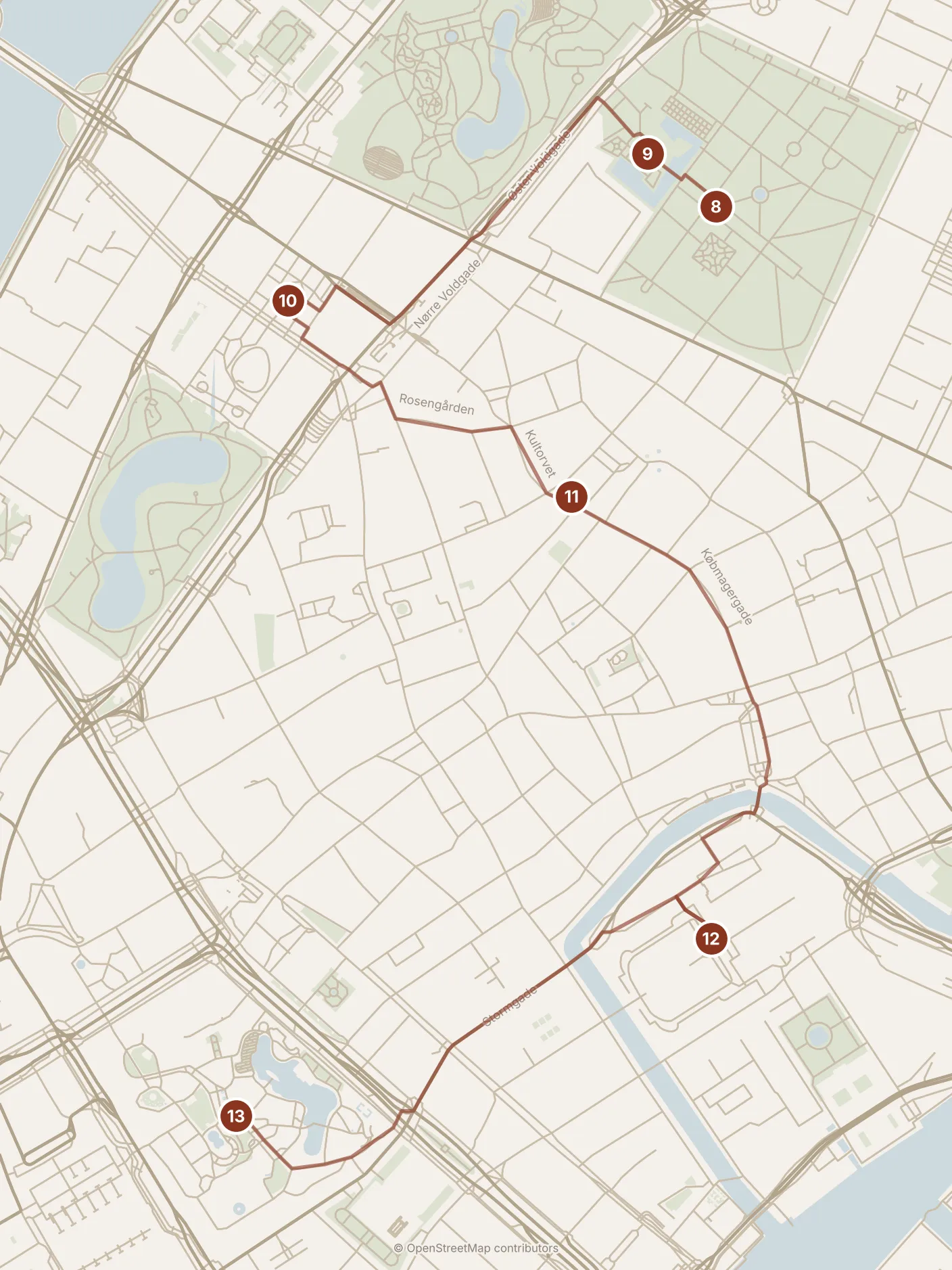 Map of Copenhagen, afternoon and evening: stops 8–13, numbered in walking order.