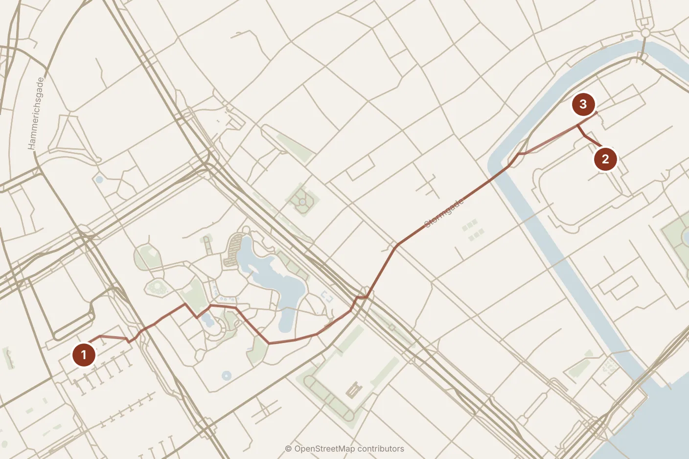 Map of Copenhagen, morning: stops 1–3, numbered in walking order.
