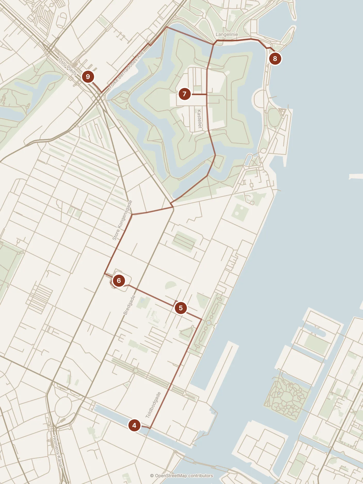 Map of Copenhagen, afternoon: stops 4–9, numbered in walking order.