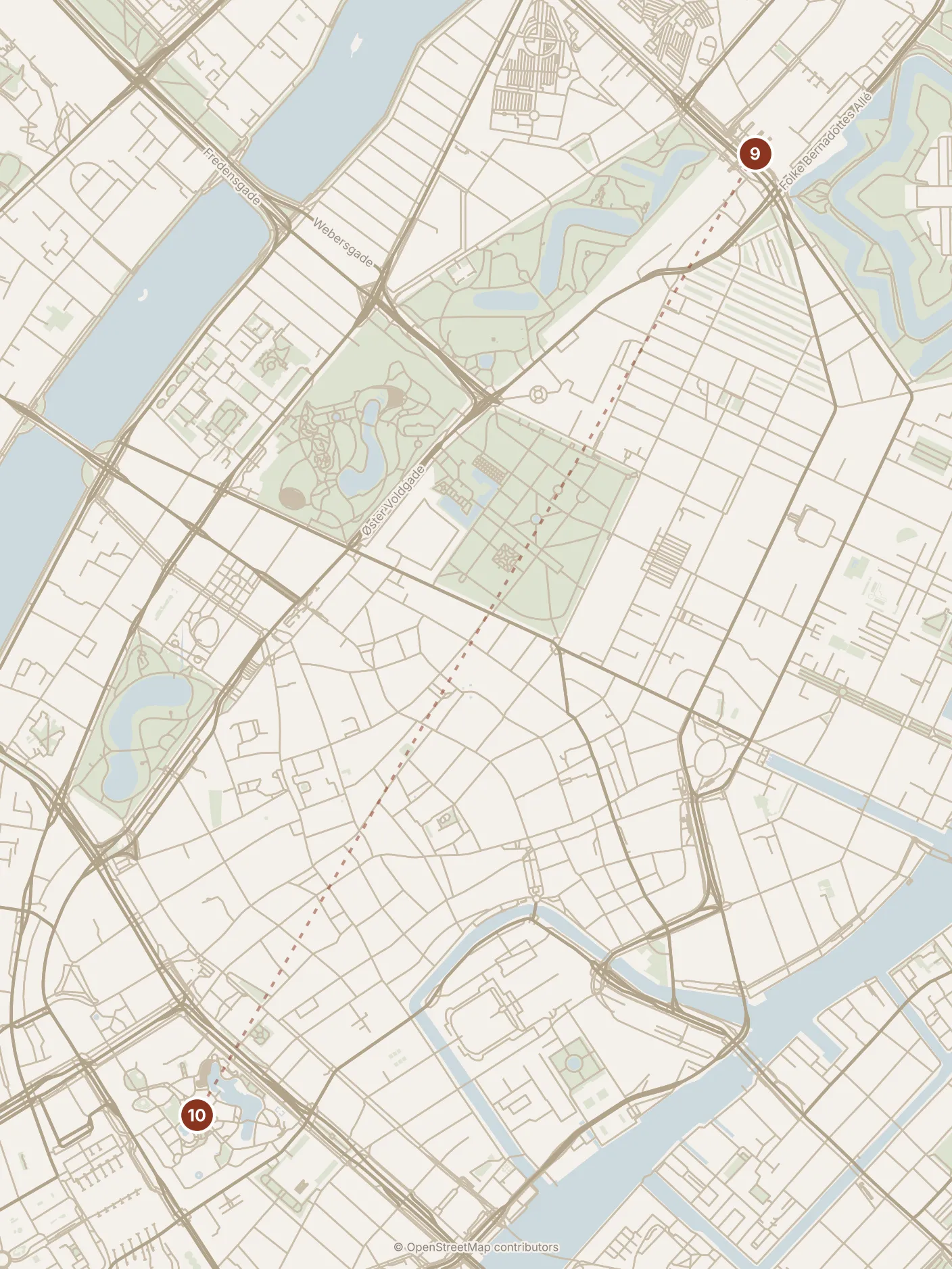 Map of Copenhagen, evening: stop 10, numbered in walking order.