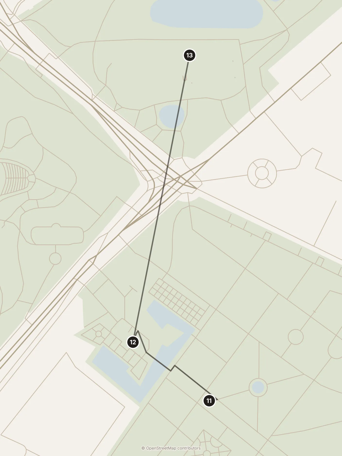 Map of Copenhagen, morning: stops 11–13, numbered in walking order.
