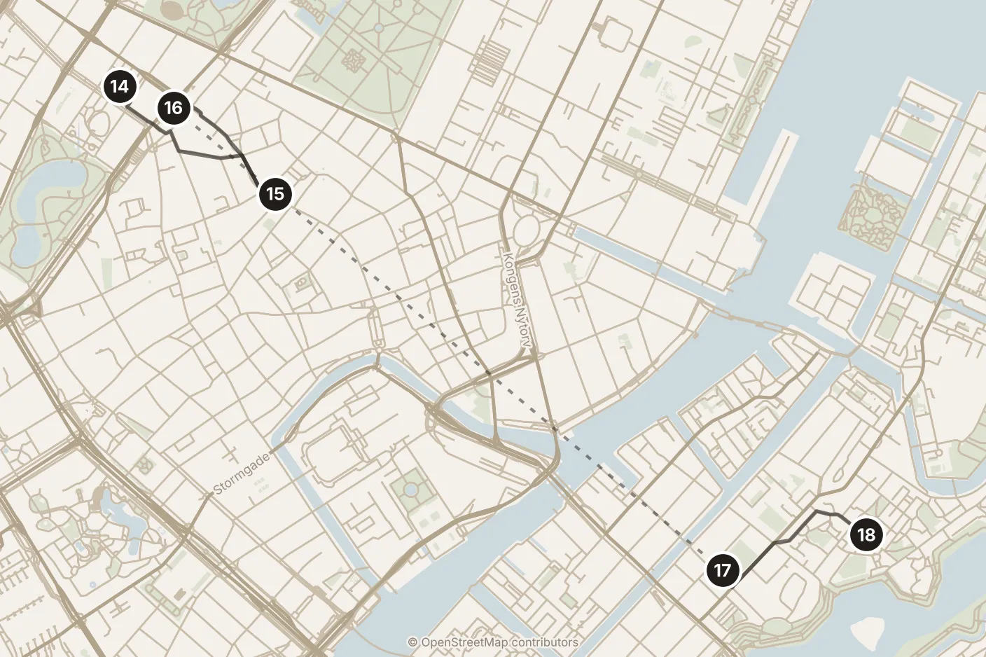 Map of Copenhagen, afternoon: stops 14–18, numbered in walking order.
