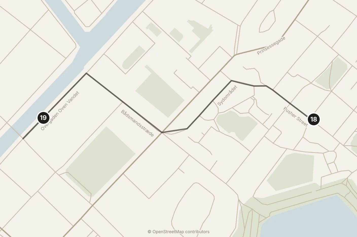 Map of Copenhagen, evening: stop 19, numbered in walking order.