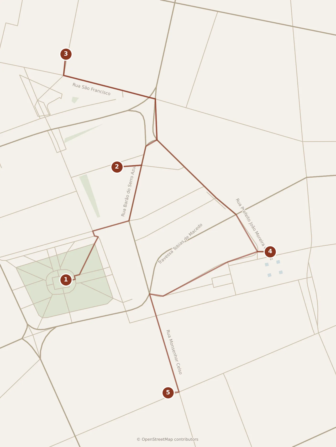 Map of Curitiba, morning: stops 1–5, numbered in walking order.