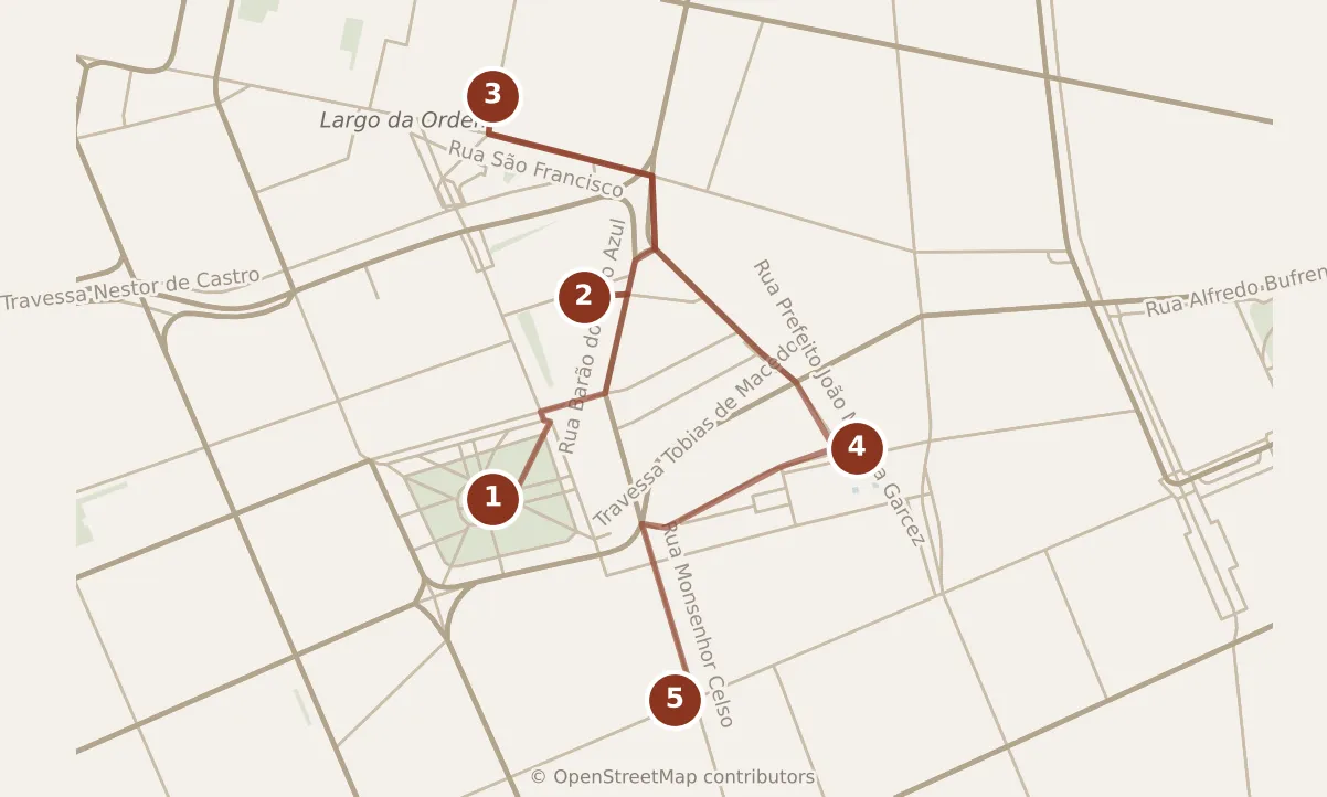 Map of Curitiba, morning: stops 1–5, numbered in walking order.