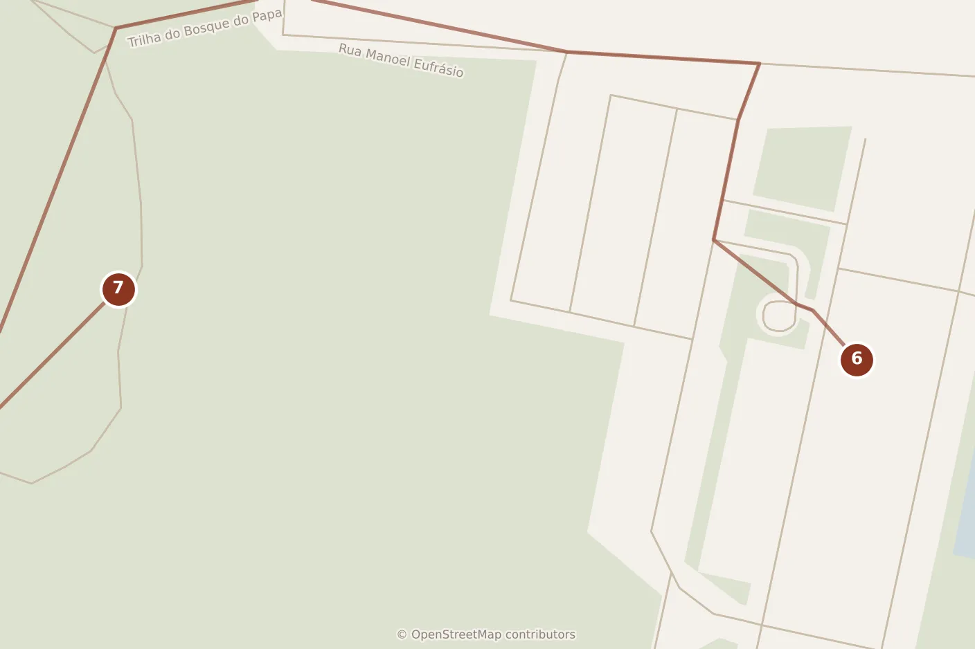 Map of Curitiba, afternoon: stops 6–7, numbered in walking order.
