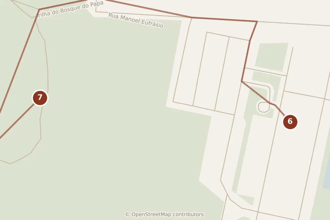 Map of Curitiba, afternoon: stops 6–7, numbered in walking order.