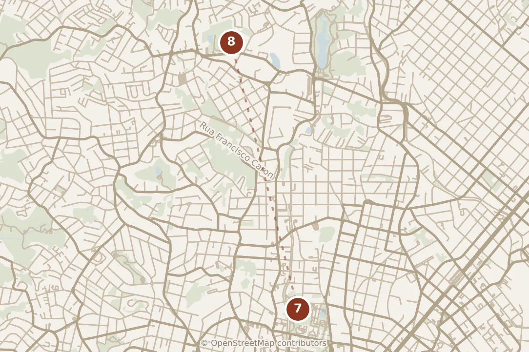 Map of Curitiba, afternoon: stop 8, numbered in walking order.