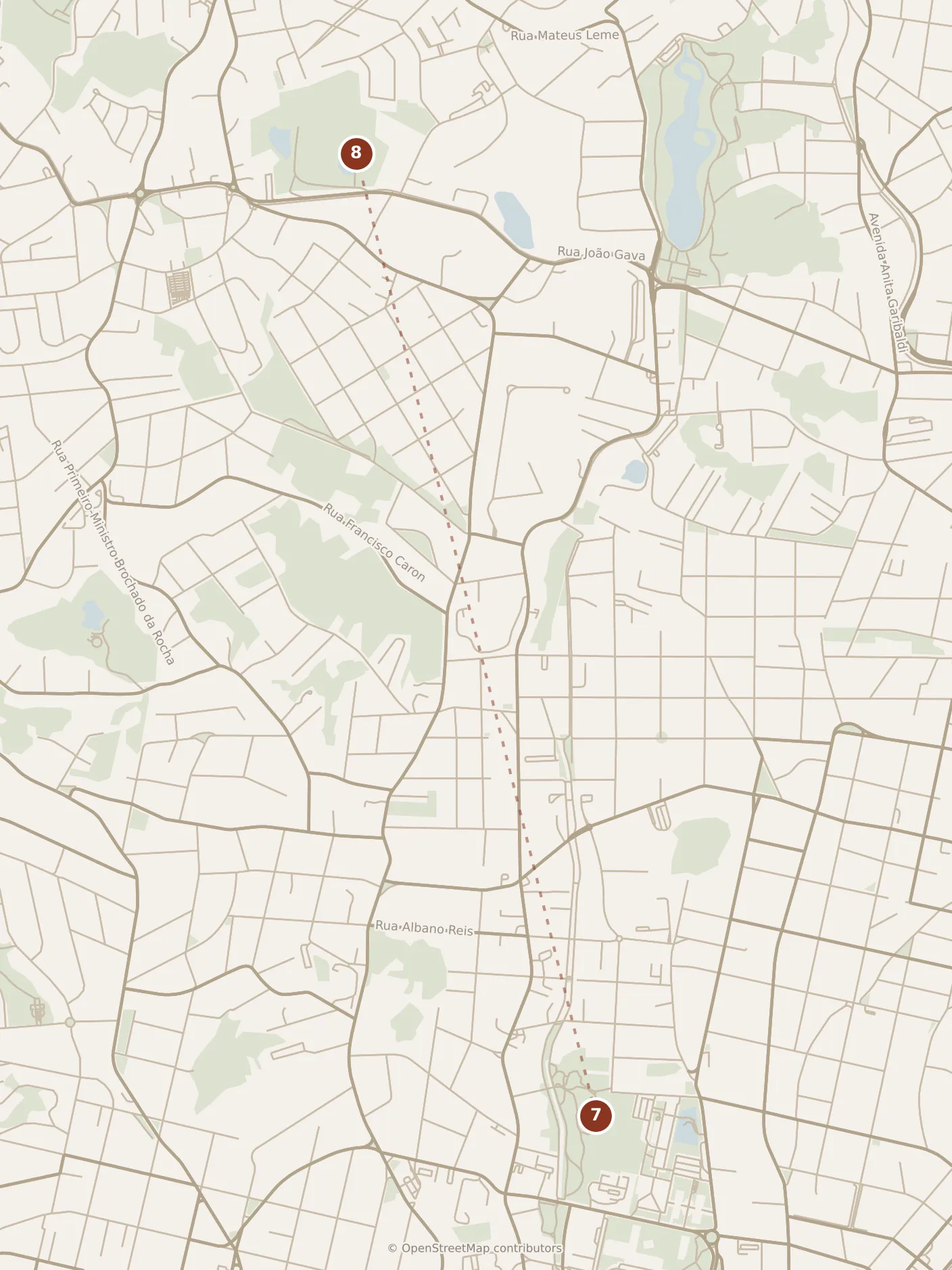 Map of Curitiba, afternoon: stop 8, numbered in walking order.