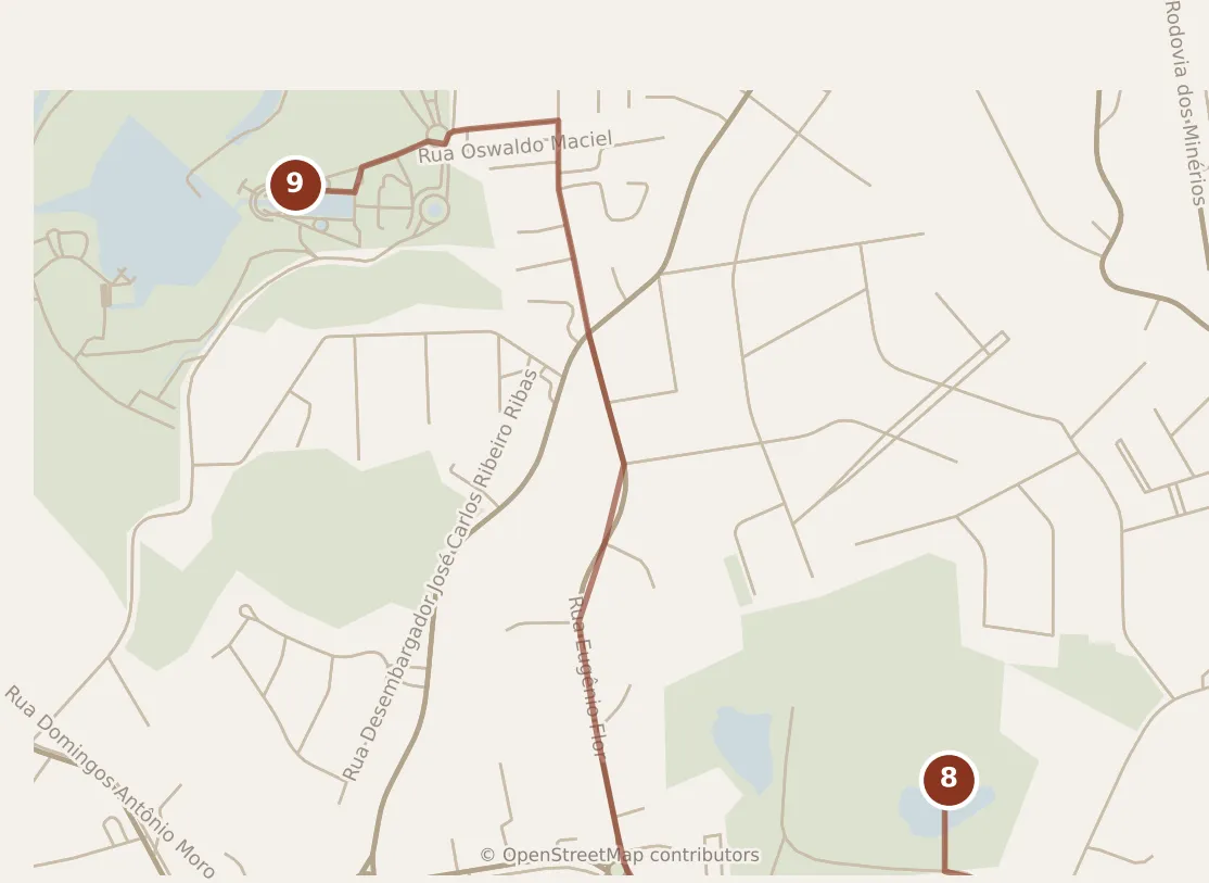 Map of Curitiba, evening: stop 9, numbered in walking order.