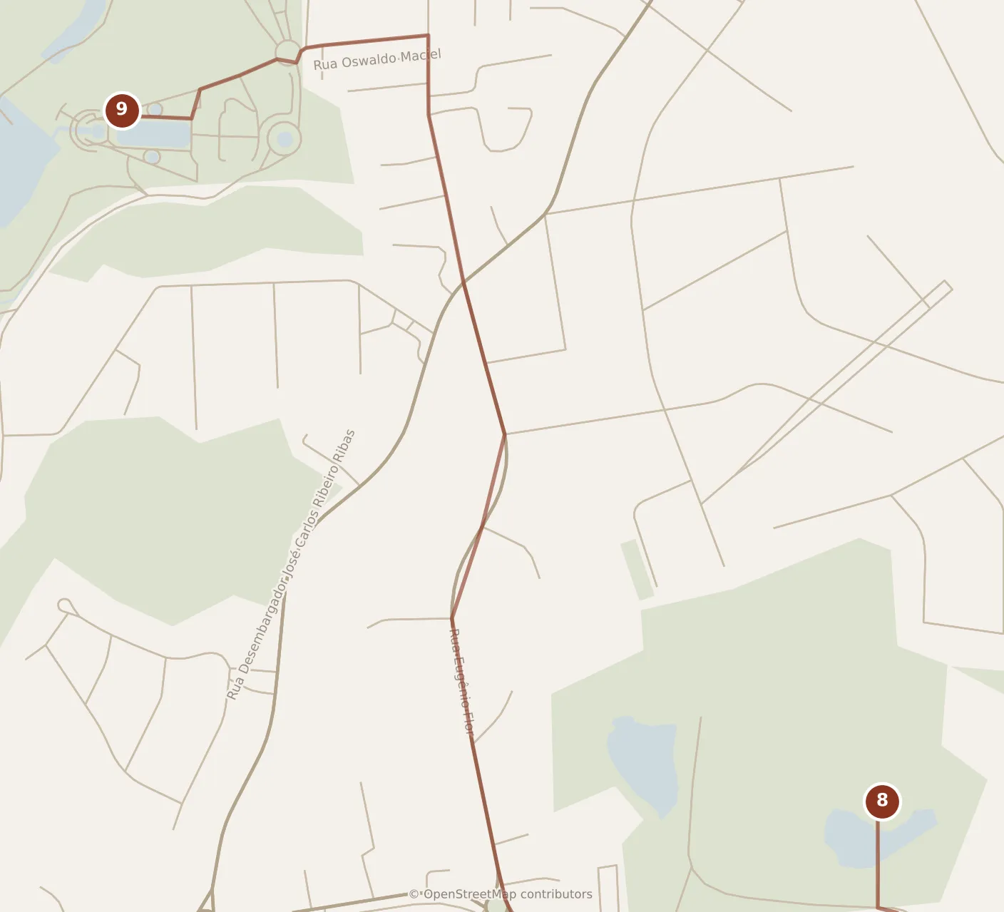 Map of Curitiba, evening: stop 9, numbered in walking order.