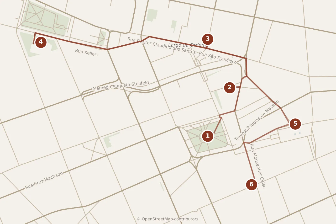 Map of Curitiba, morning: stops 1–6, numbered in walking order.