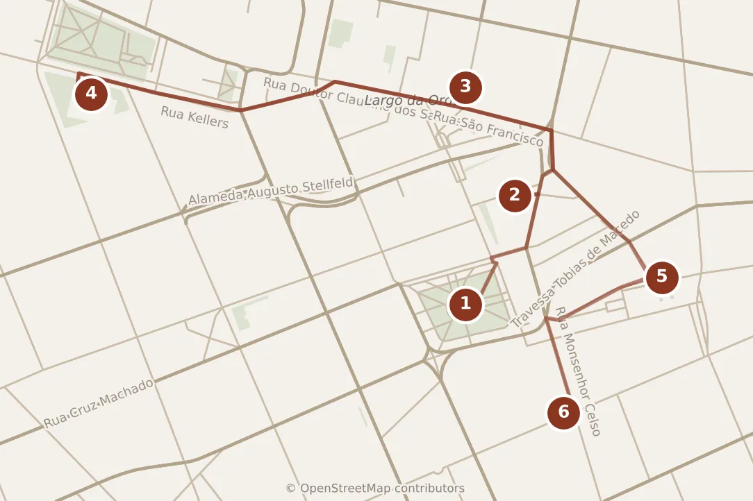 Map of Curitiba, morning: stops 1–6, numbered in walking order.