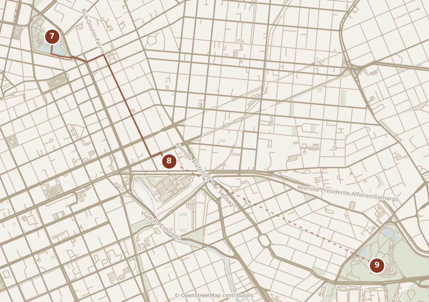 Map of Curitiba, afternoon: stops 7–9, numbered in walking order.
