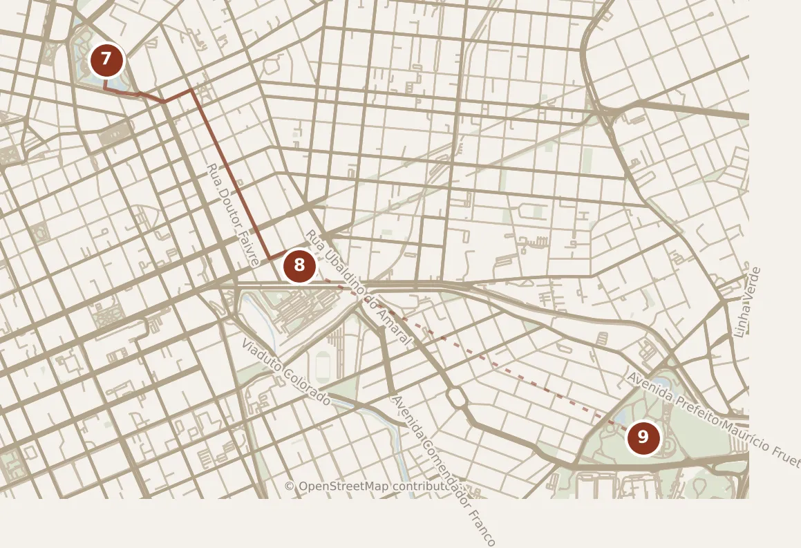 Map of Curitiba, afternoon: stops 7–9, numbered in walking order.