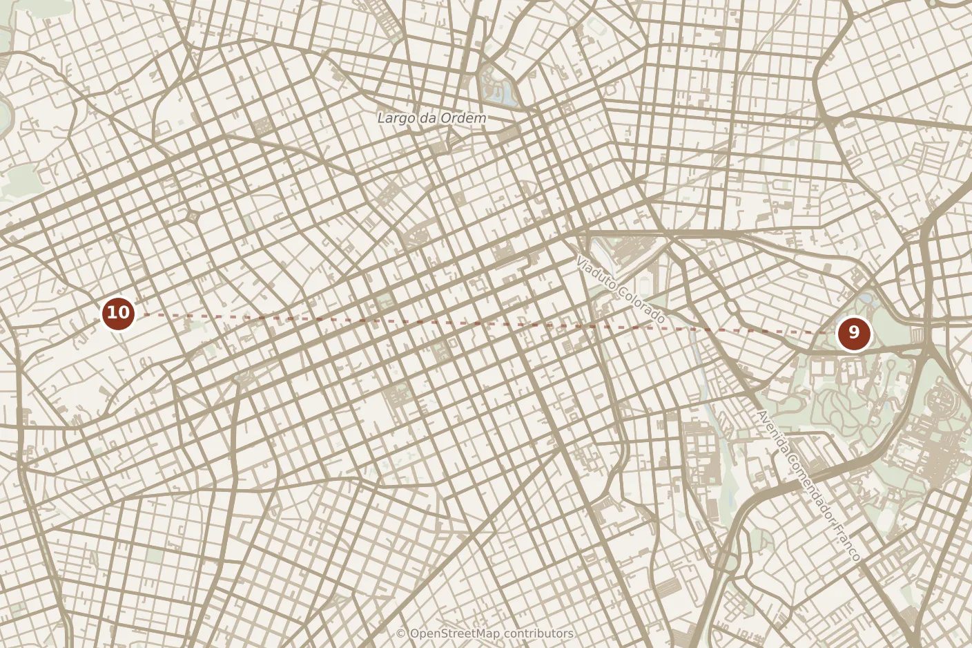 Map of Curitiba, evening: stop 10, numbered in walking order.
