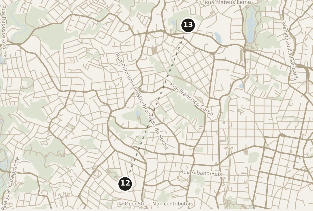 Map of Curitiba, afternoon: stops 12–13, numbered in walking order.