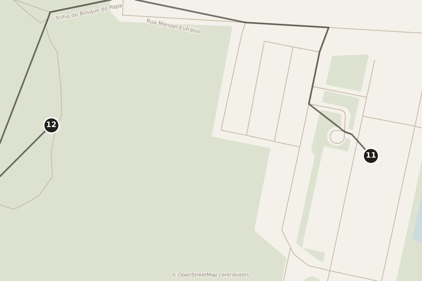 Map of Curitiba, morning: stops 11–12, numbered in walking order.