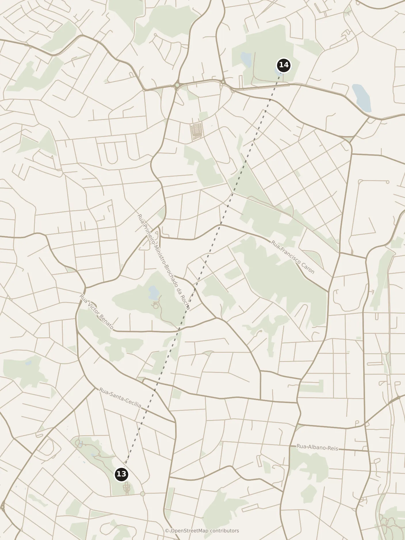 Map of Curitiba, afternoon: stops 13–14, numbered in walking order.