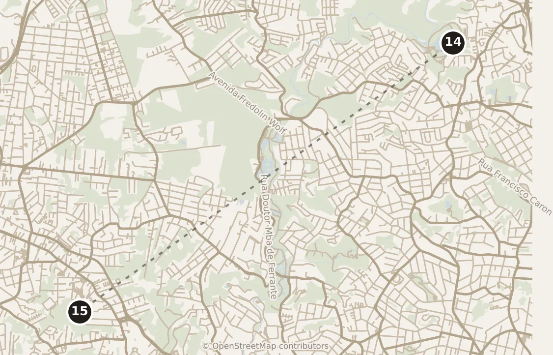 Map of Curitiba, evening: stops 14–15, numbered in walking order.