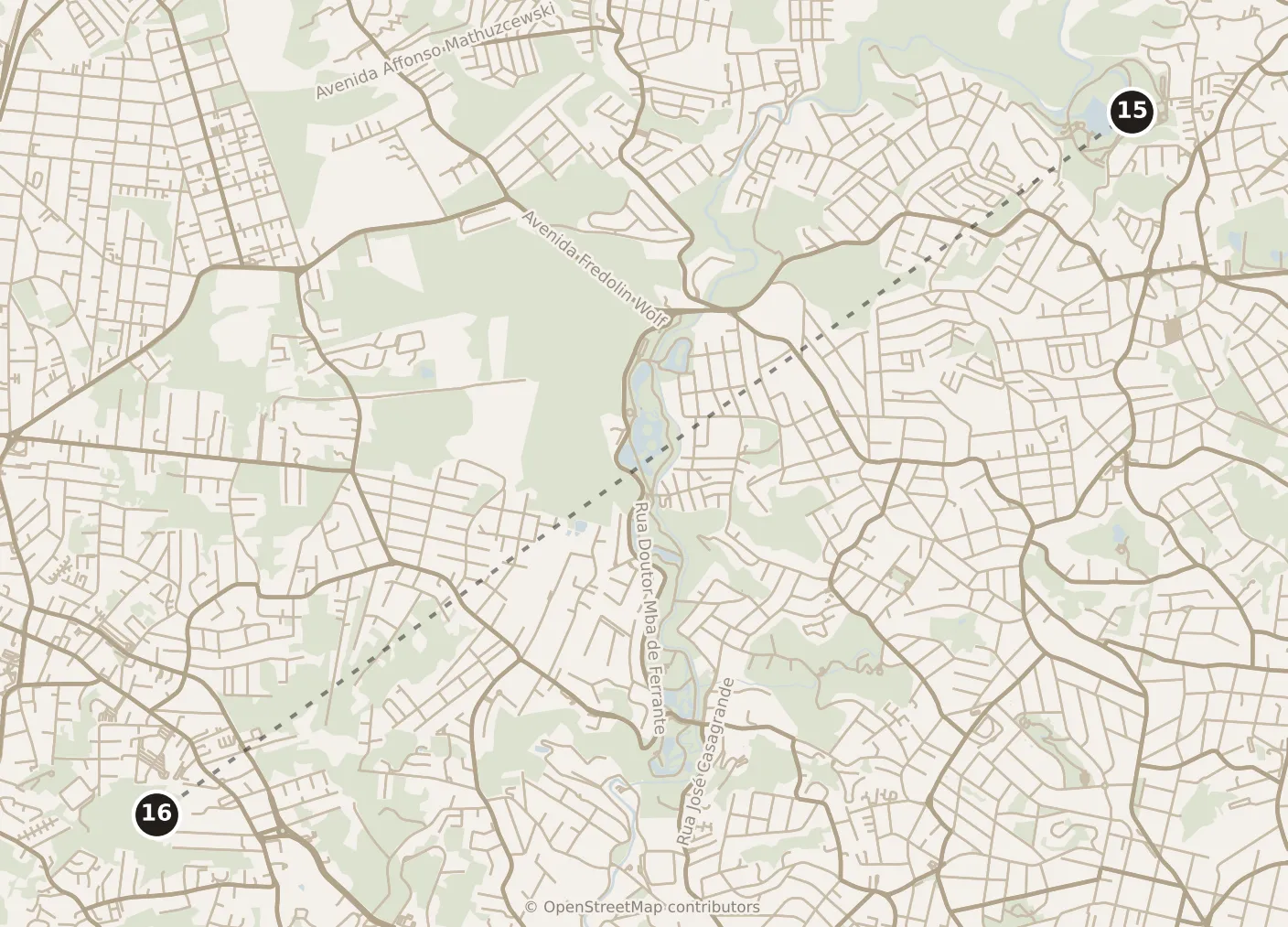Map of Curitiba, evening: stops 15–16, numbered in walking order.