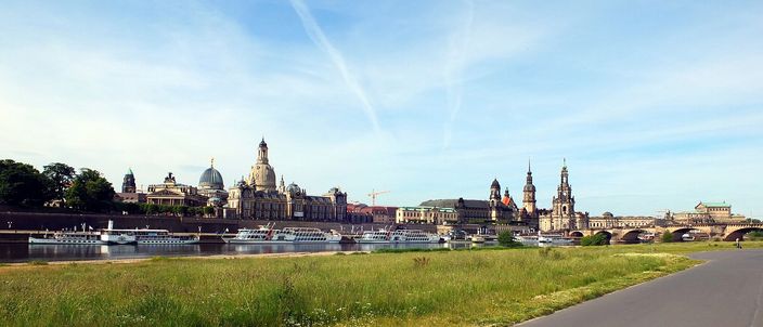 The Dresden Altstadt skyline seen across the Elbe meadows from the Neustadt bank: the Frauenkirche dome, Hofkirche tower and Ständehaus rise behind a line of moored white paddle-steamers, with a green riverside path in the foreground under a summer sky.