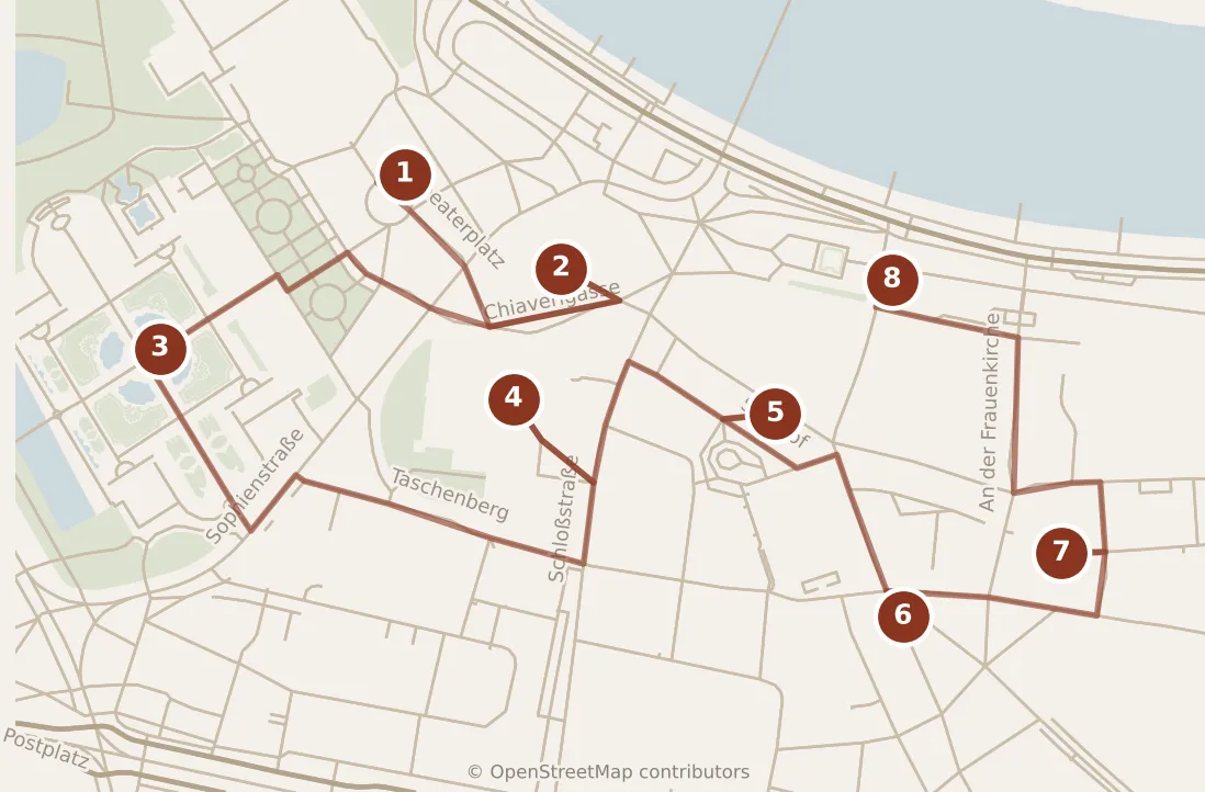 Map of Dresden, morning and afternoon: stops 1–8, numbered in walking order.
