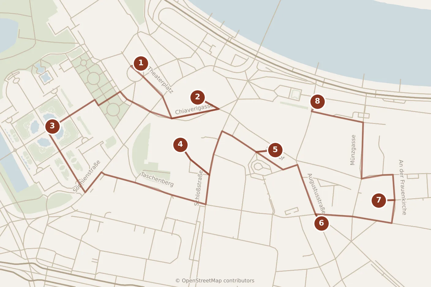 Map of Dresden, morning and afternoon: stops 1–8, numbered in walking order.