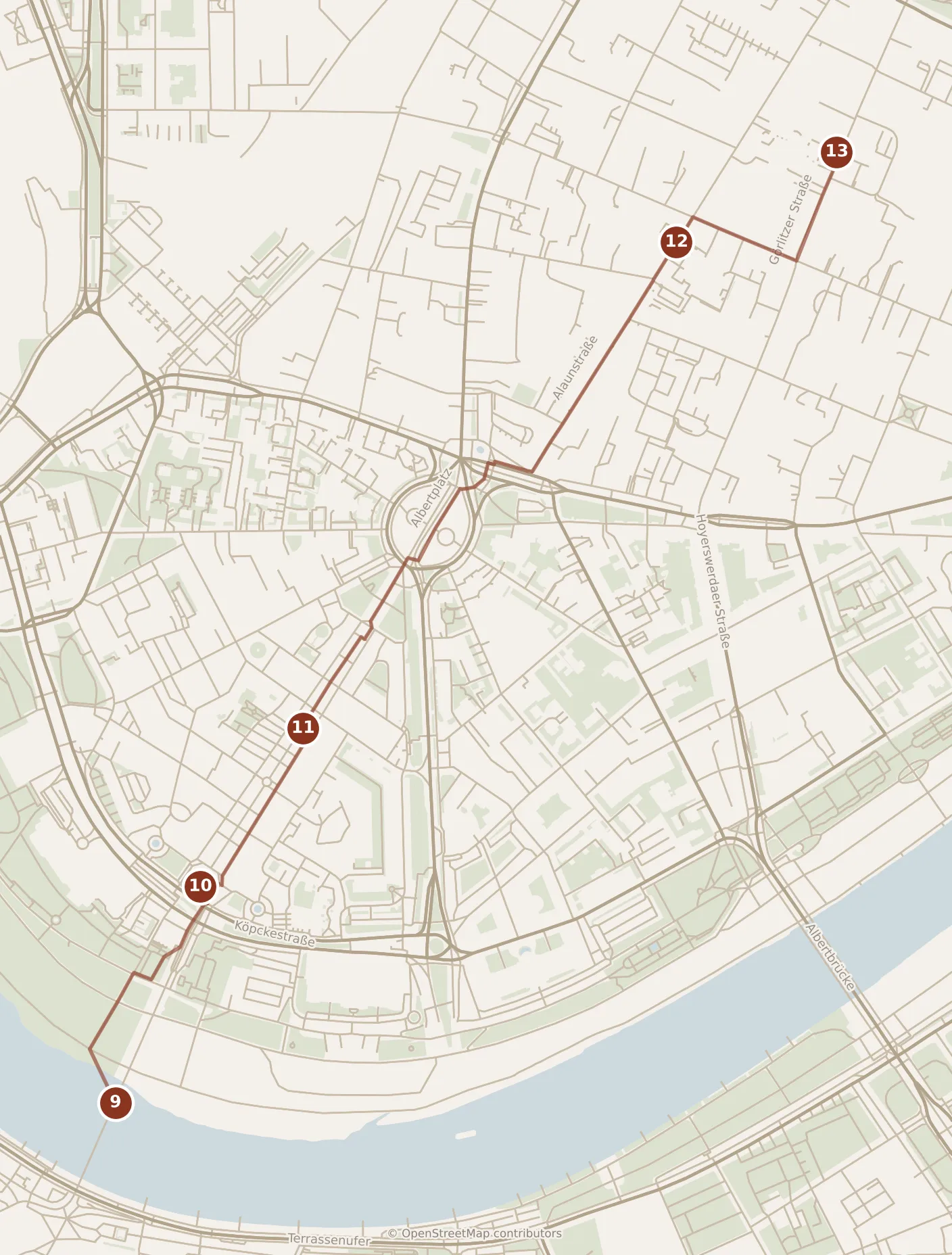 Map of Dresden, evening: stops 9–13, numbered in walking order.