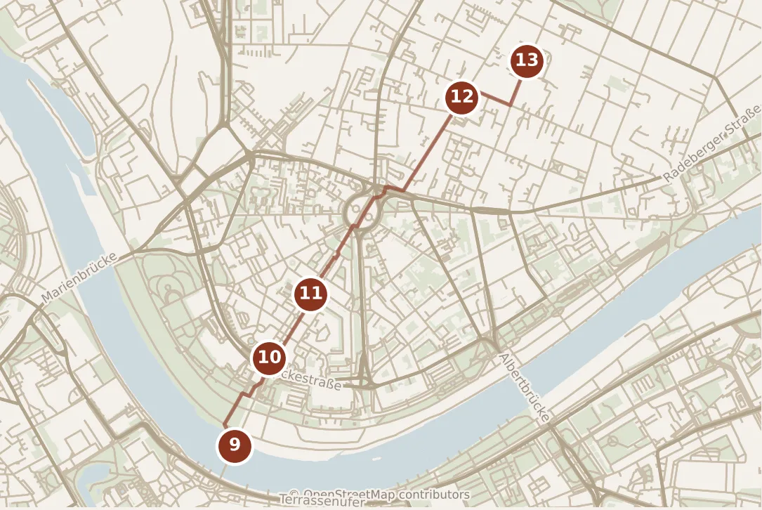 Map of Dresden, evening: stops 9–13, numbered in walking order.