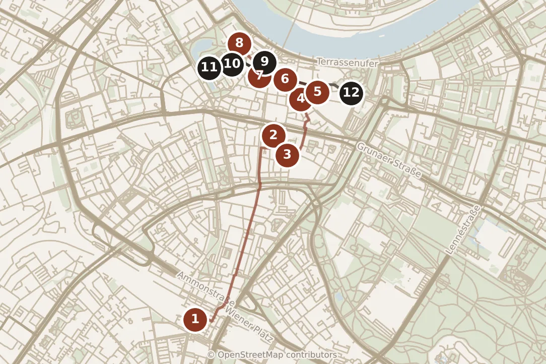 Map of Dresden, day one and day two: stops 1–12, numbered in walking order.