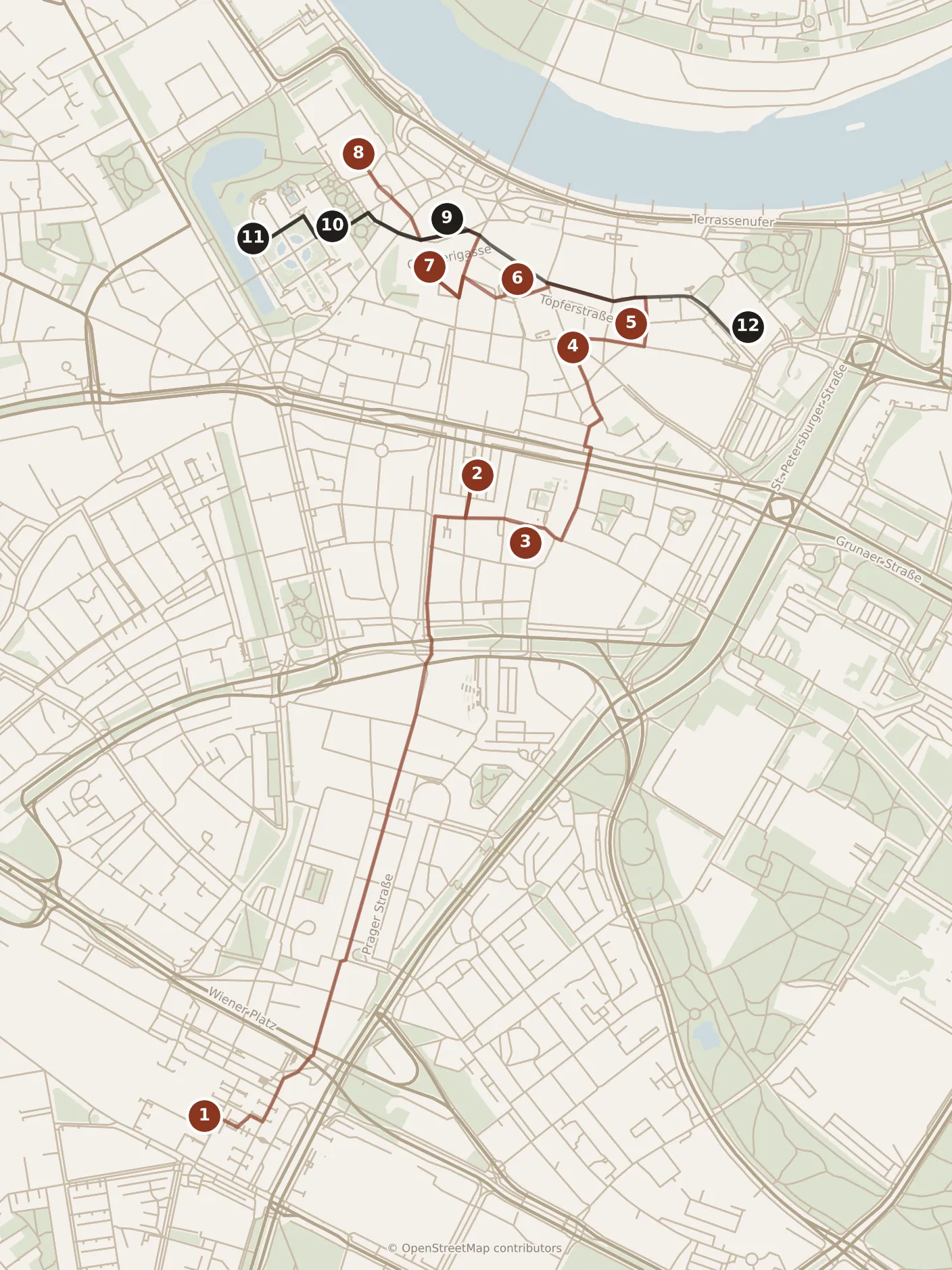 Map of Dresden, day one and day two: stops 1–12, numbered in walking order.