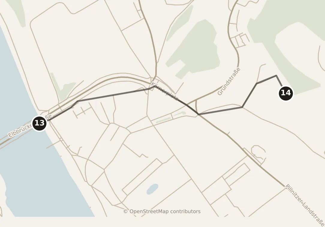 Map of Dresden, evening: stops 13–14, numbered in walking order.