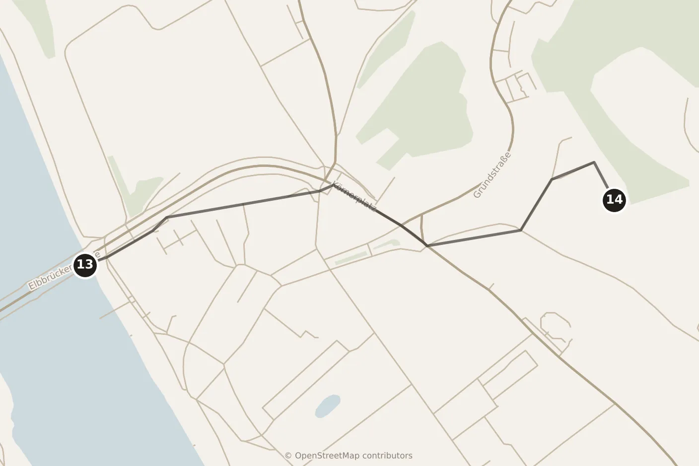 Map of Dresden, evening: stops 13–14, numbered in walking order.