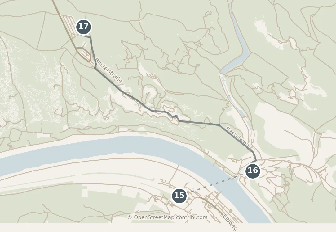 Map of Dresden, with a third day: stops 15–17, numbered in walking order.