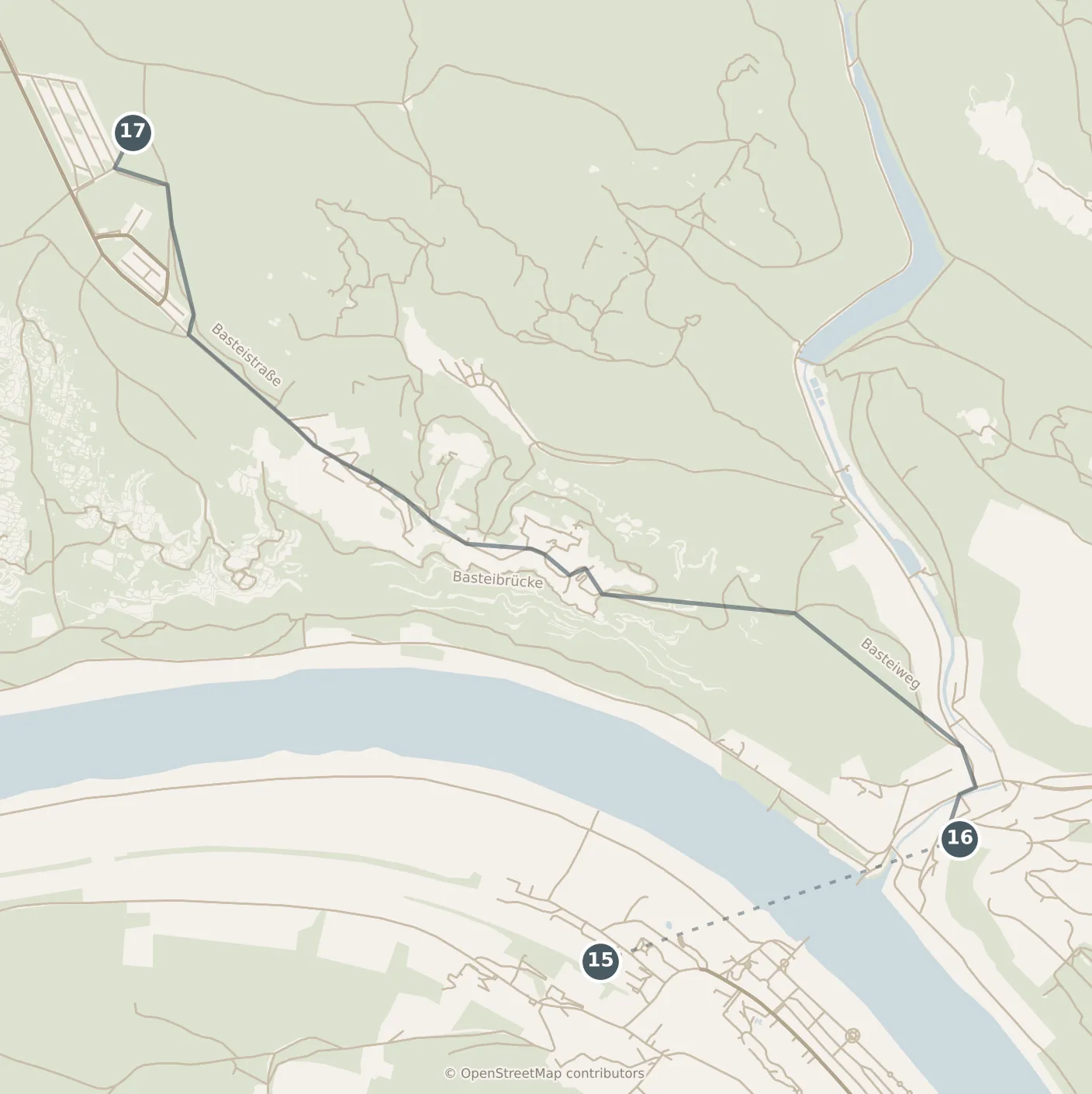 Map of Dresden, with a third day: stops 15–17, numbered in walking order.
