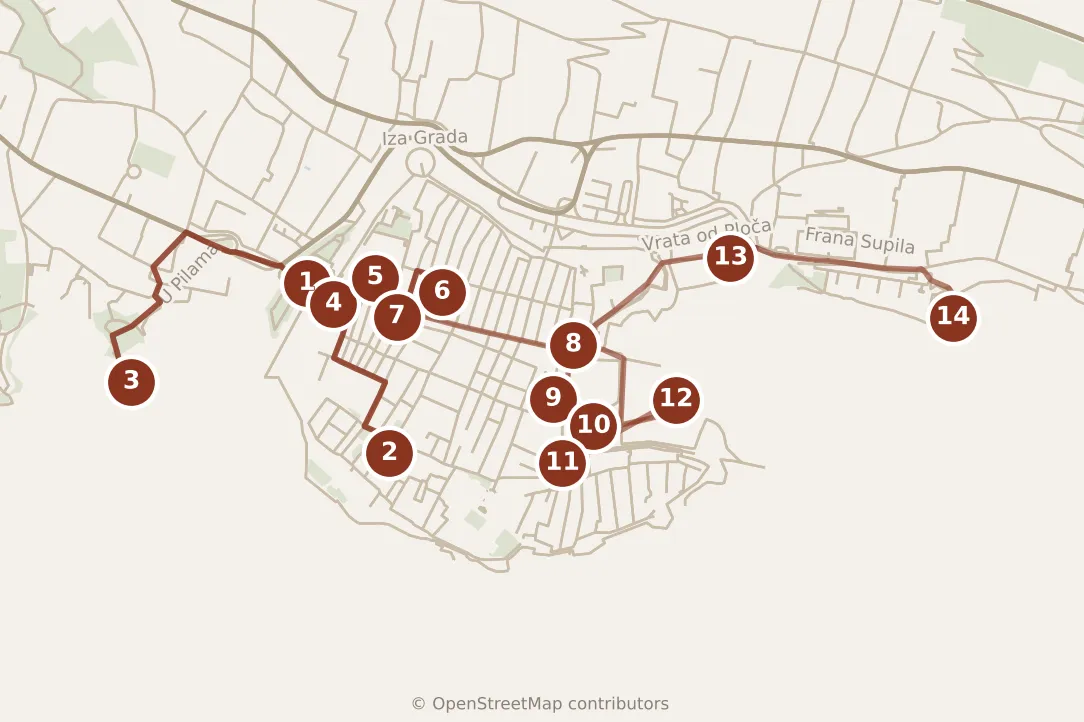 Map of Dubrovnik, the day: stops 1–14, numbered in walking order.