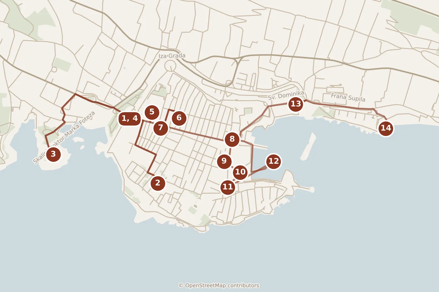 Map of Dubrovnik, the day: stops 1–14, numbered in walking order.