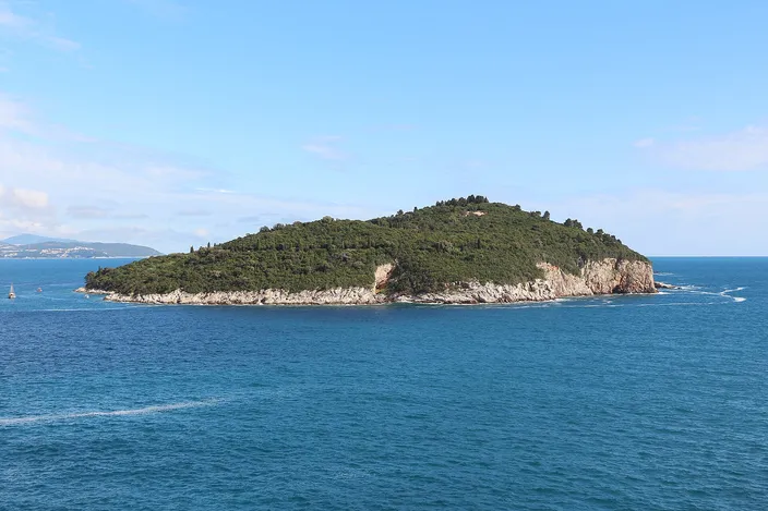 The wooded island of Lokrum seen whole across deep blue water from the Dubrovnik shore, a low dark-green dome of forest with pale rock cliffs at the waterline and open sea and hills behind.