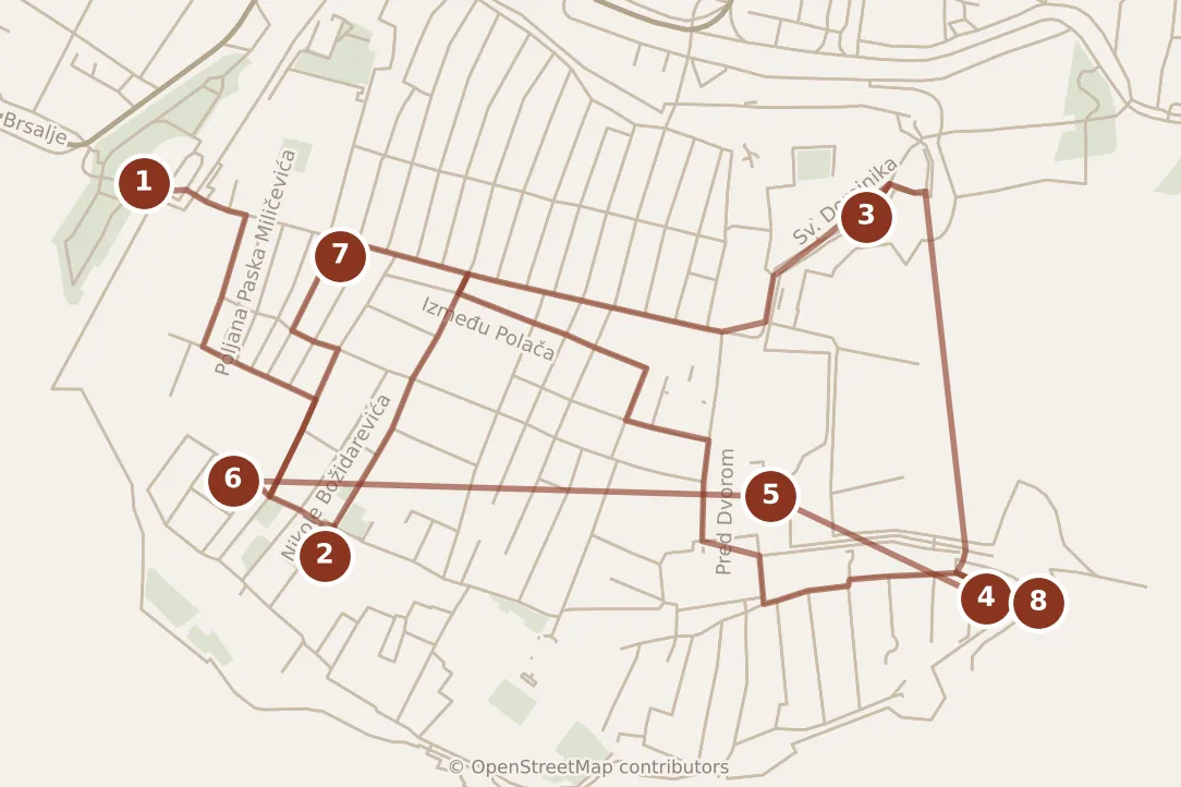 Map of Dubrovnik, day one: stops 1–8, numbered in walking order.