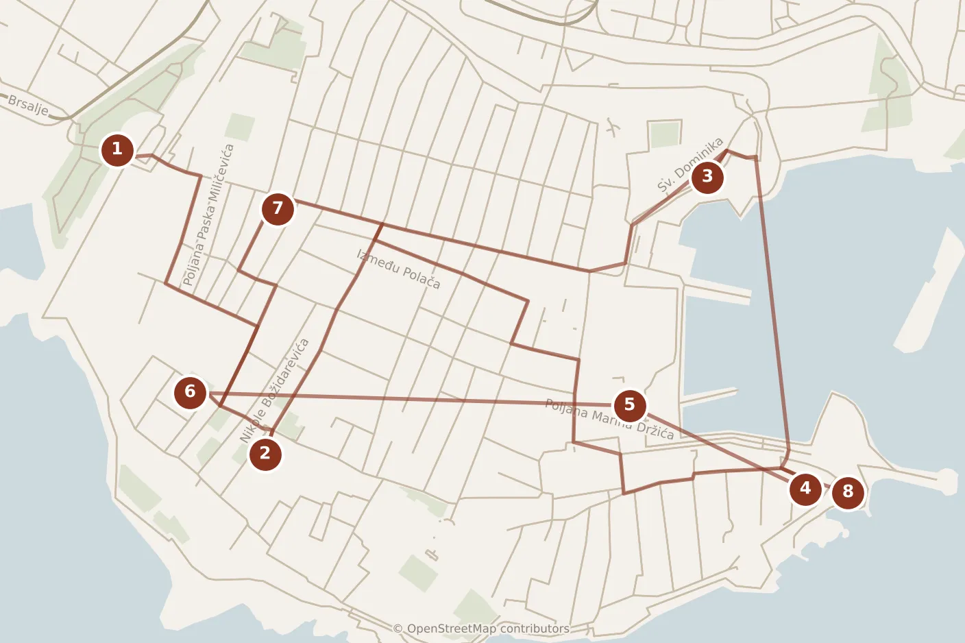 Map of Dubrovnik, day one: stops 1–8, numbered in walking order.