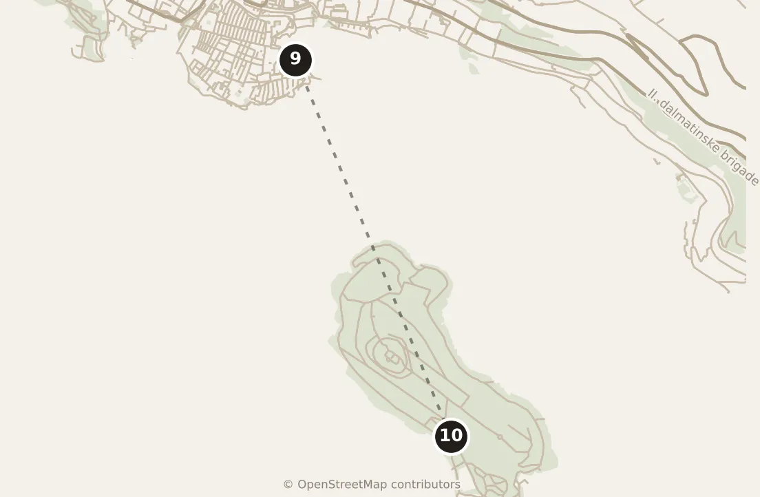 Map of Dubrovnik, morning: stops 9–10, numbered in walking order.