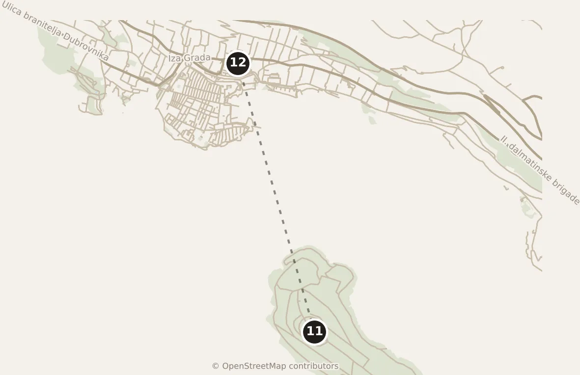 Map of Dubrovnik, afternoon: stops 11–12, numbered in walking order.