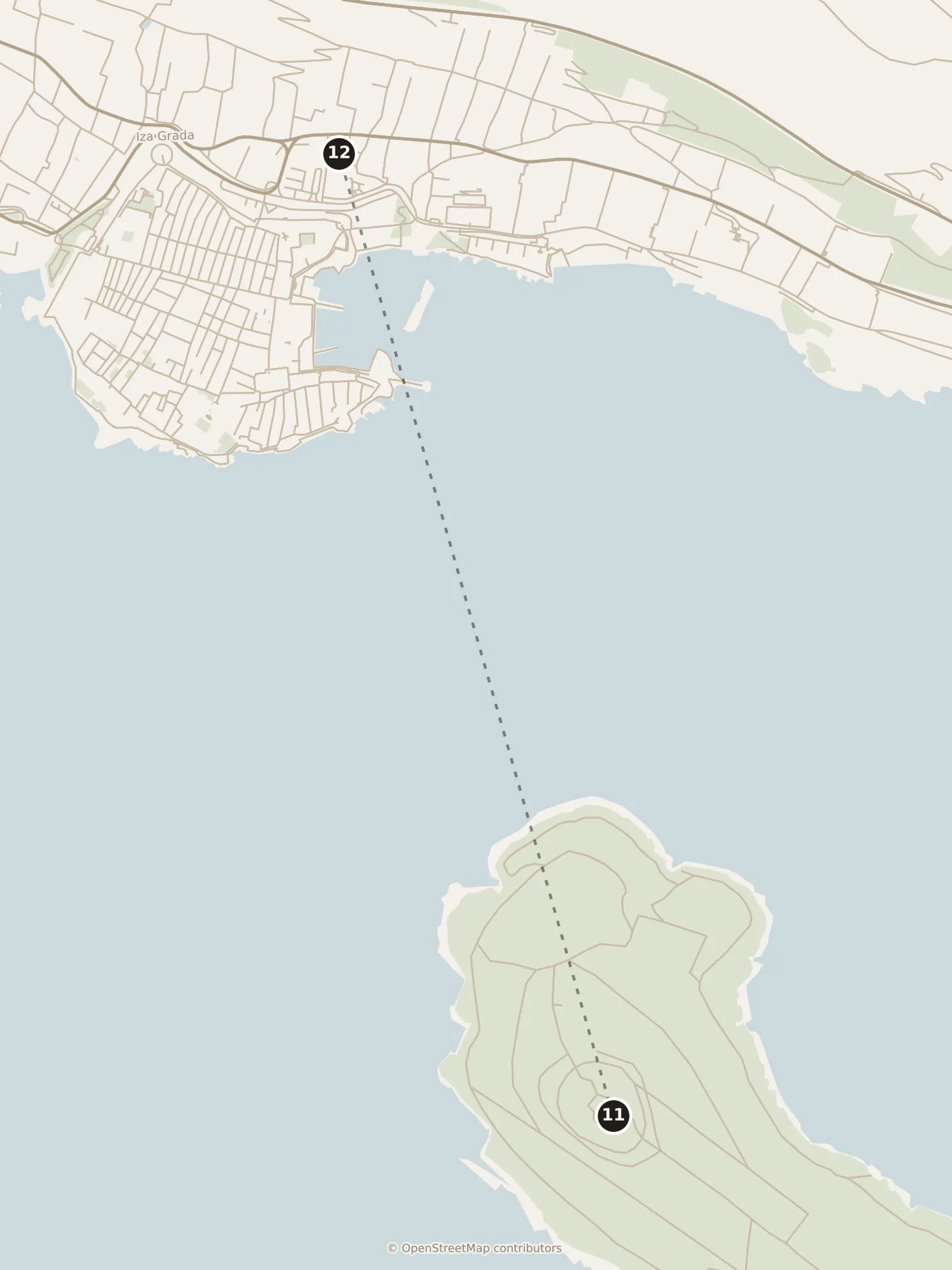 Map of Dubrovnik, afternoon: stops 11–12, numbered in walking order.